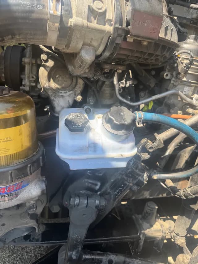 Close-up of a truck engine bay showing power steering reservoir and fuel filter